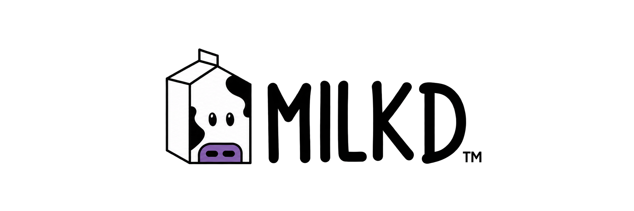 MILKD original written logo and cow-carton mascot